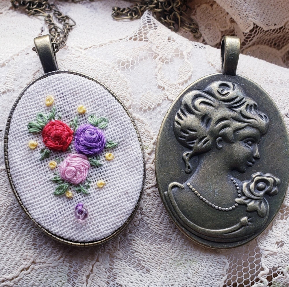Lovely Floral One-of-a-Kind Floral Hand Embroidered on Linen Brass Pendant